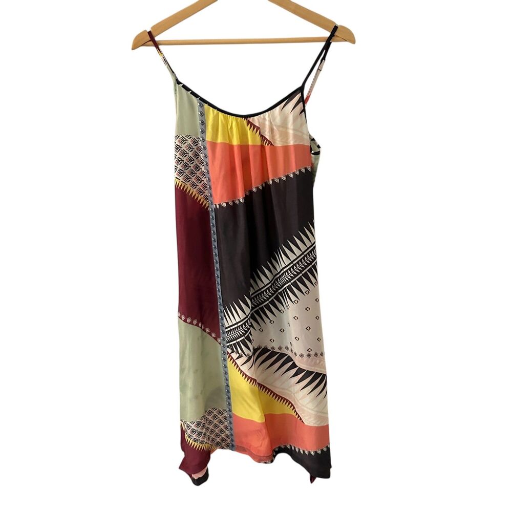 Dylan Multicolor Geometric 100% Cupra Lightweight Spaghetti Strap Shift Dress XS